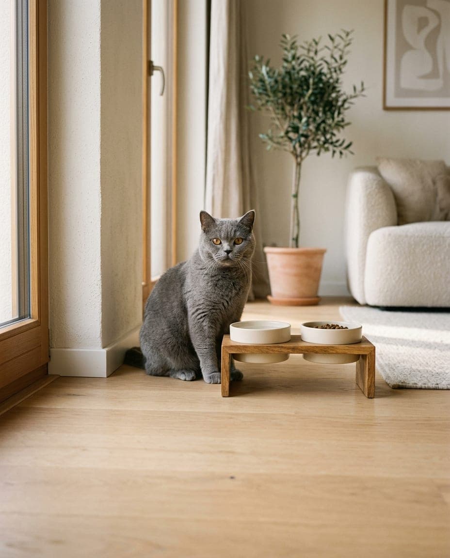 Grijze kat naast een houten voerstation met roestvrijstalen bakken