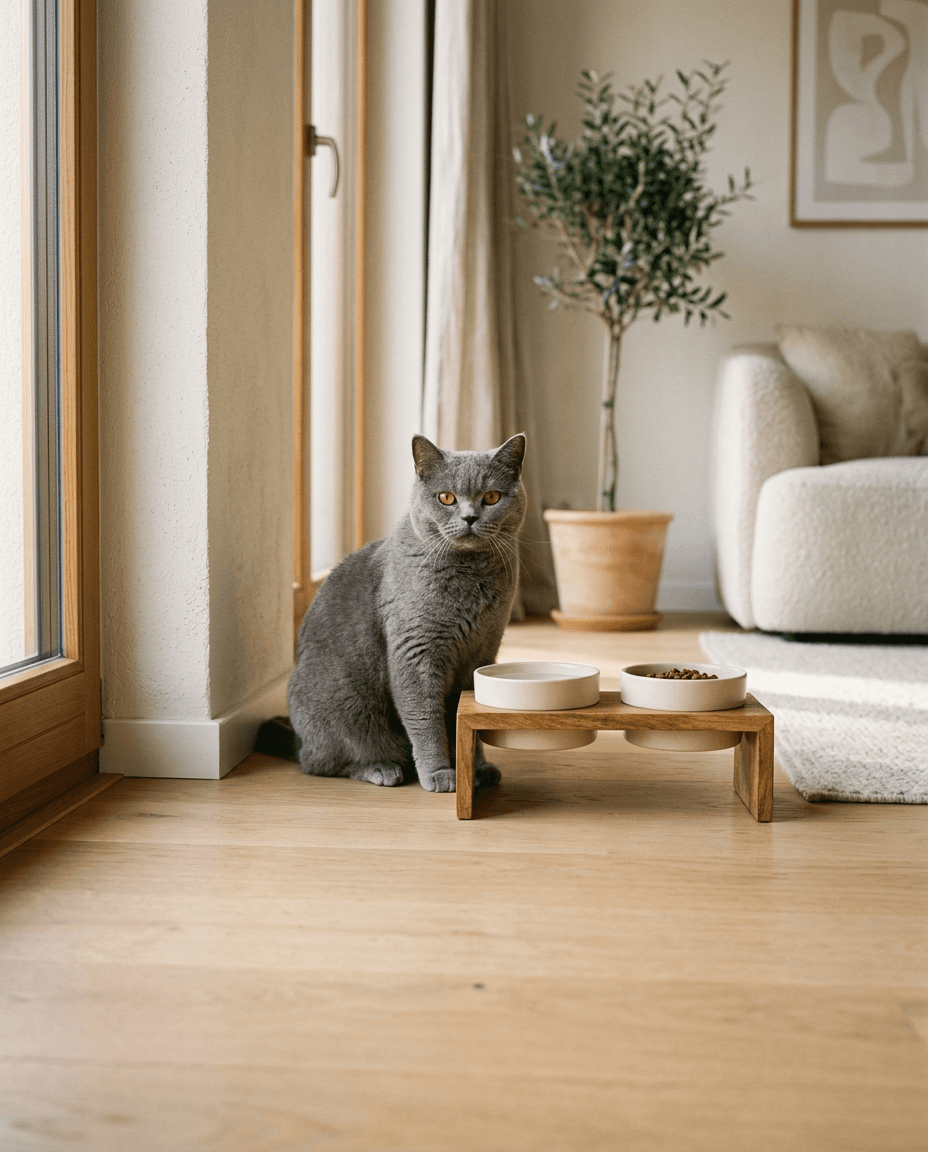 Grijze kat naast een houten voerstation met roestvrijstalen bakken