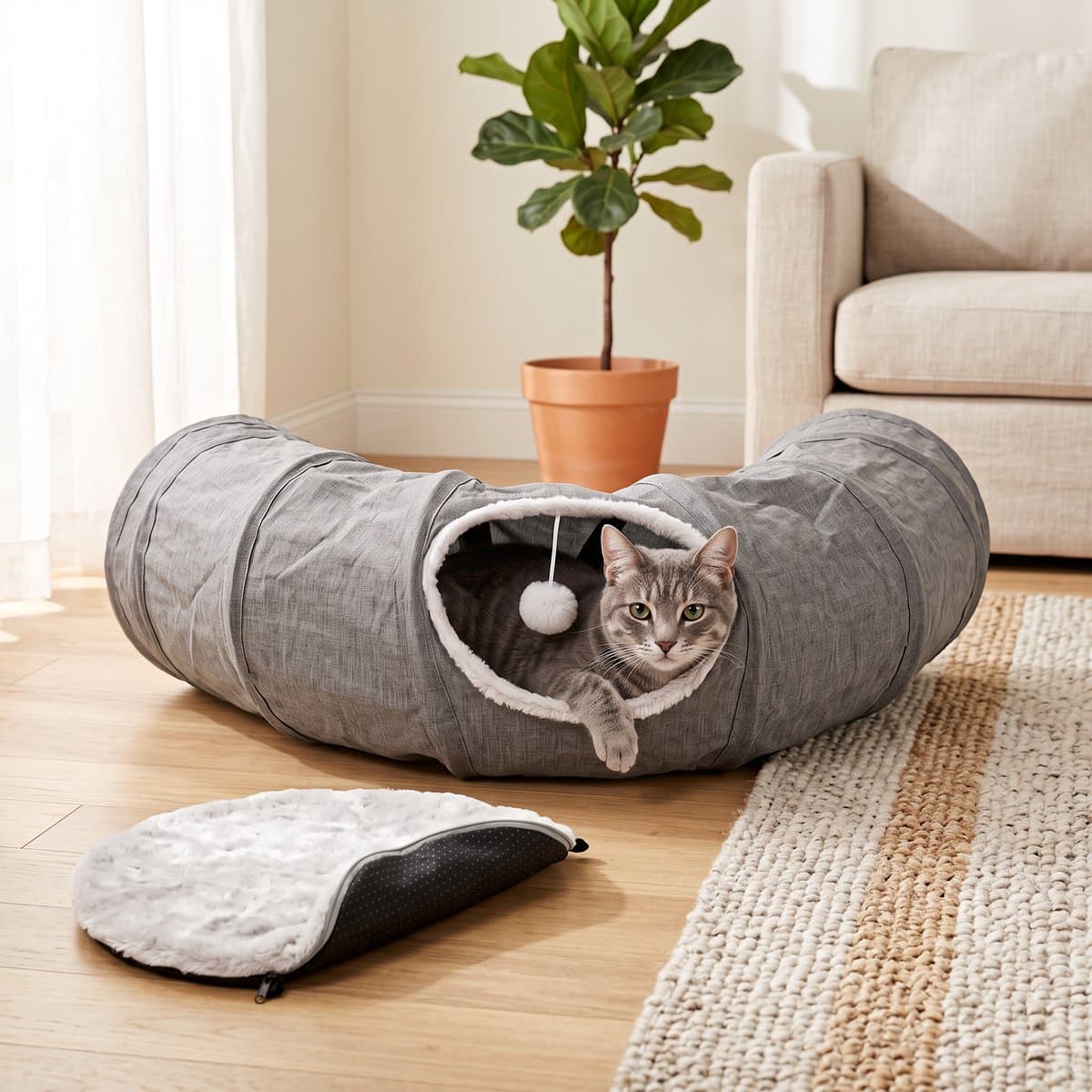 Kattentunnel met Kussen - 95 cm, Grijs - foto 6