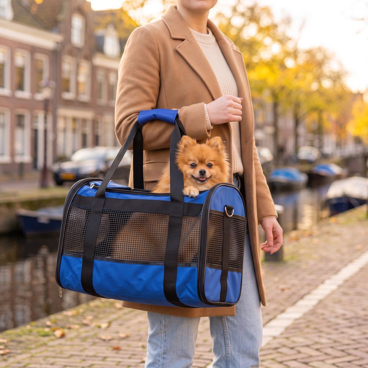 Vrouw draagt de blauwe draagtas met een pomeriaan erin langs een gracht