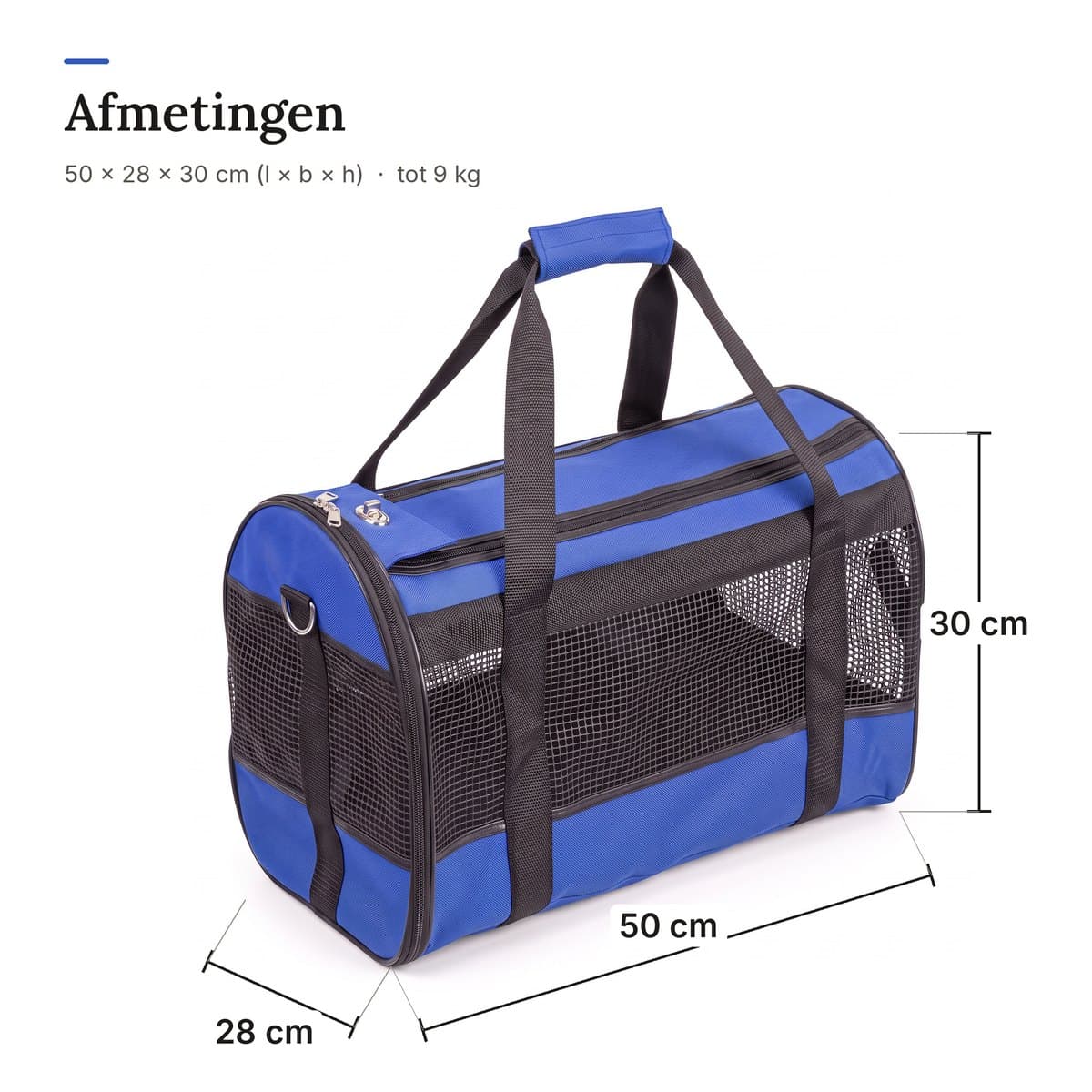 De draagtas met de afmetingen erbij: 50 cm lang, 28 cm breed en 30 cm hoog