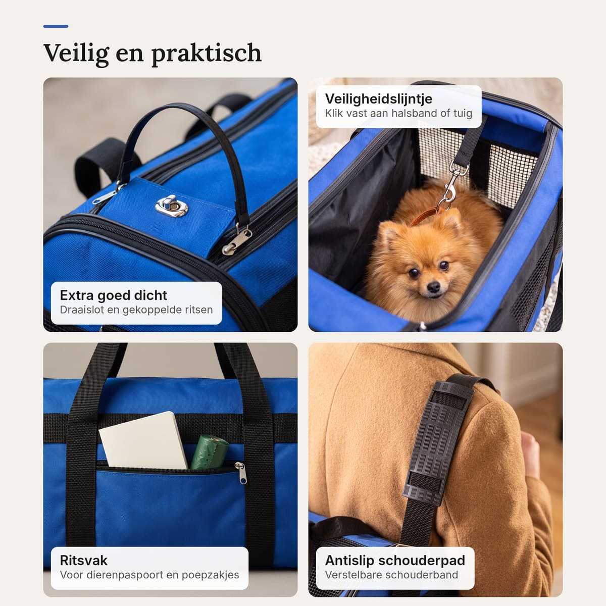 Details van de draagtas: draaislot, veiligheidslijntje aan de binnenkant, ritsvak en antislip schouderpad