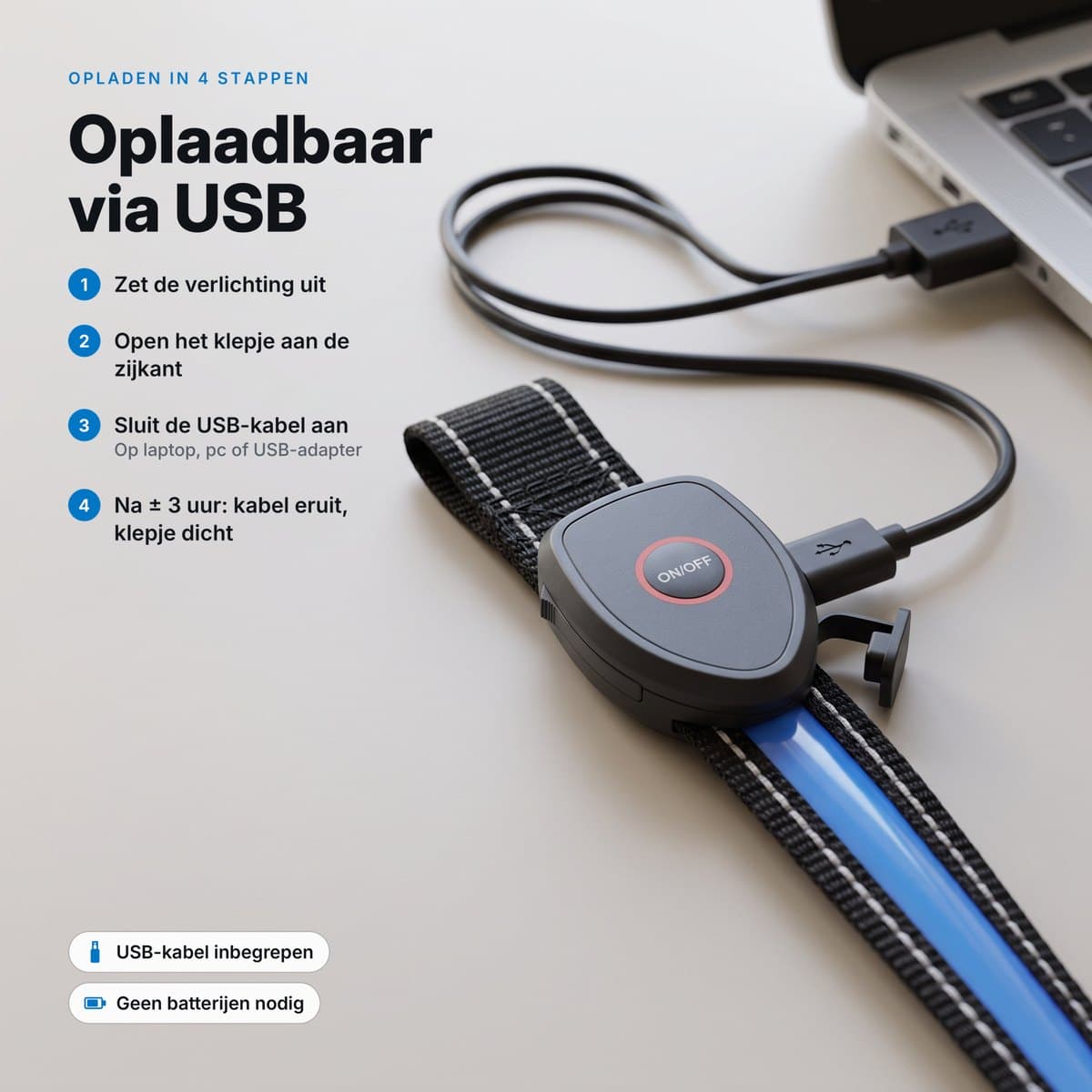 De LED-hondenriem wordt met de meegeleverde USB-kabel op een laptop opgeladen