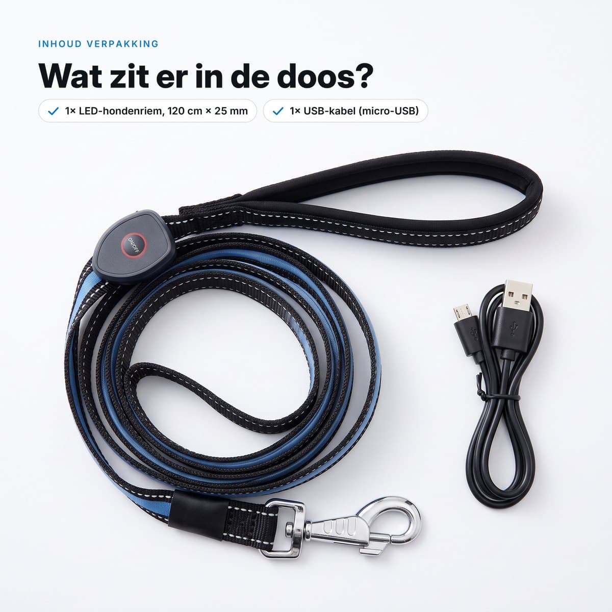 De opgerolde LED-hondenriem naast de meegeleverde USB-kabel
