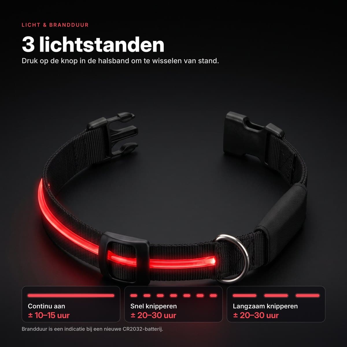 Rode LED-halsband met de drie lichtstanden: continu aan, snel knipperen en langzaam knipperen