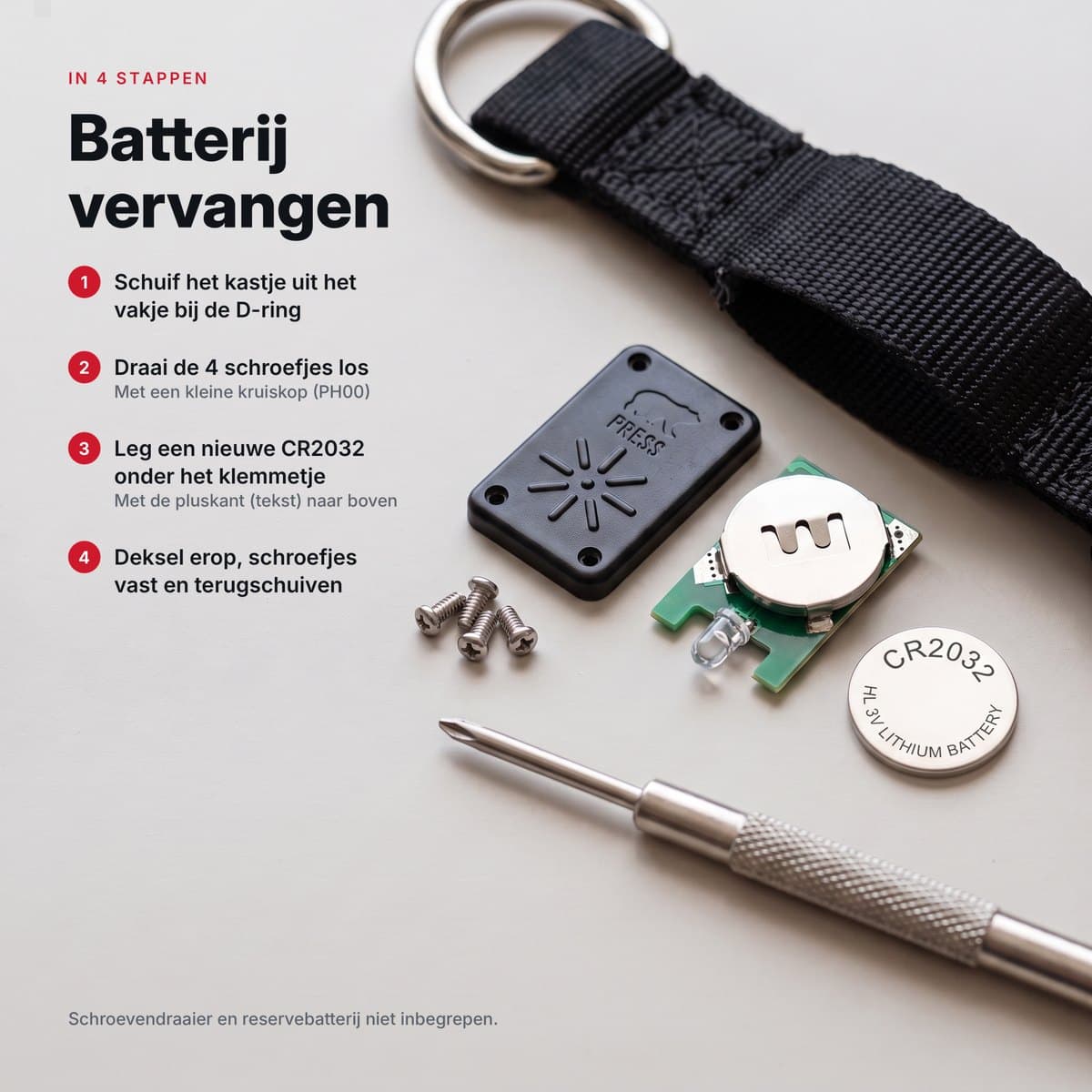 Batterijkastje van de LED-halsband open, met CR2032-batterij, schroefjes en schroevendraaier