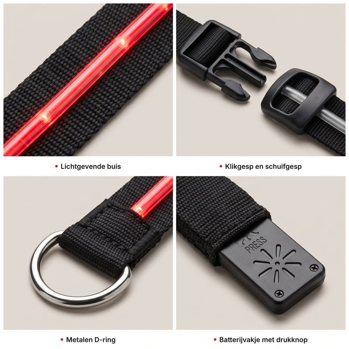 Details van de LED-halsband: lichtgevende buis, klikgesp, metalen D-ring en batterijvakje met drukknop