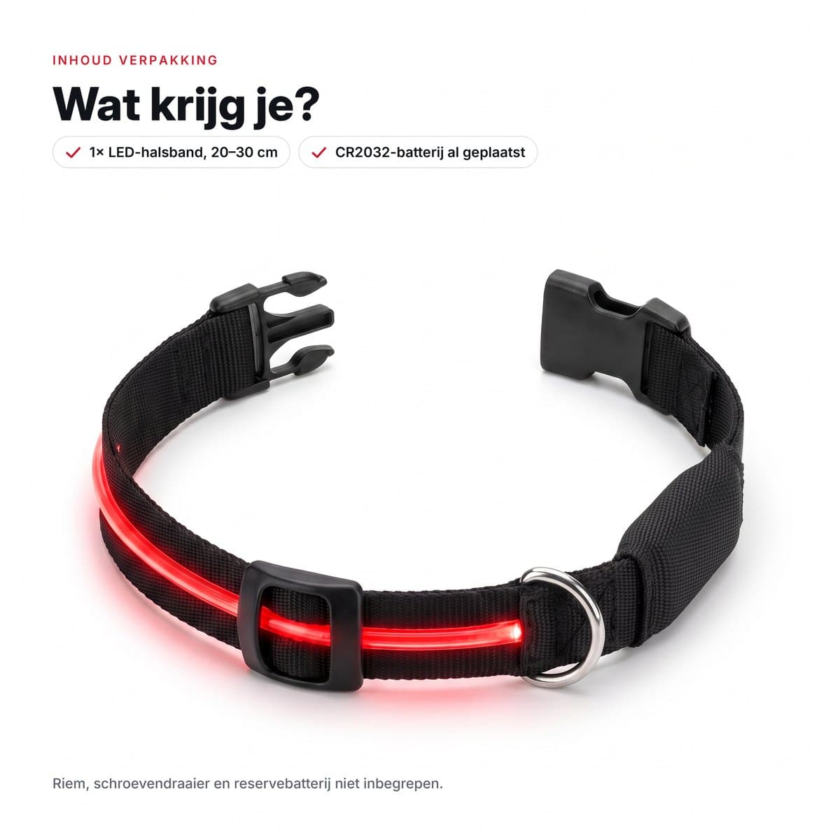 De LED-halsband uitgevouwen, zoals hij in de verpakking zit