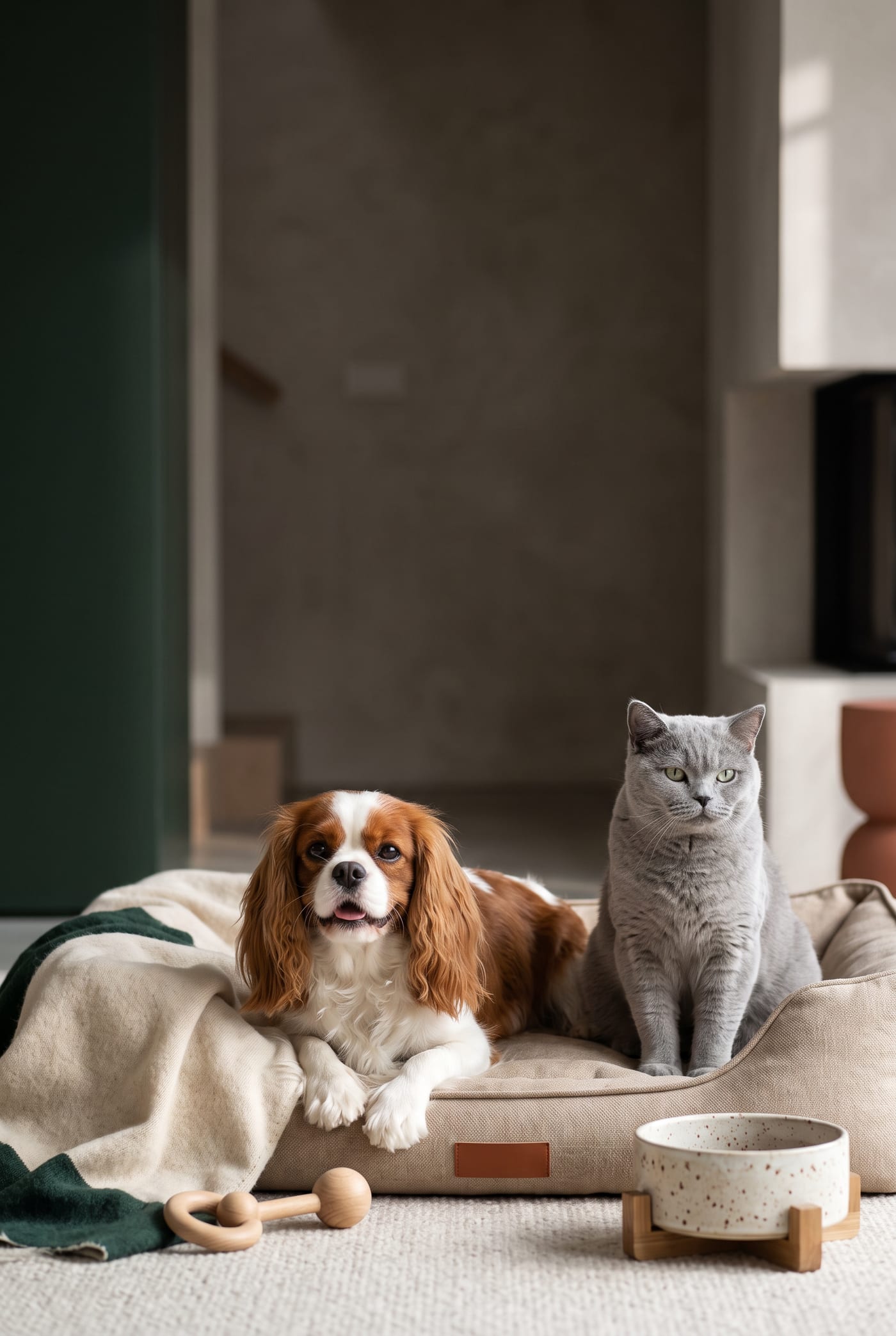 Cavalier King Charles spaniël en Britse korthaar kat samen op een hondenmand