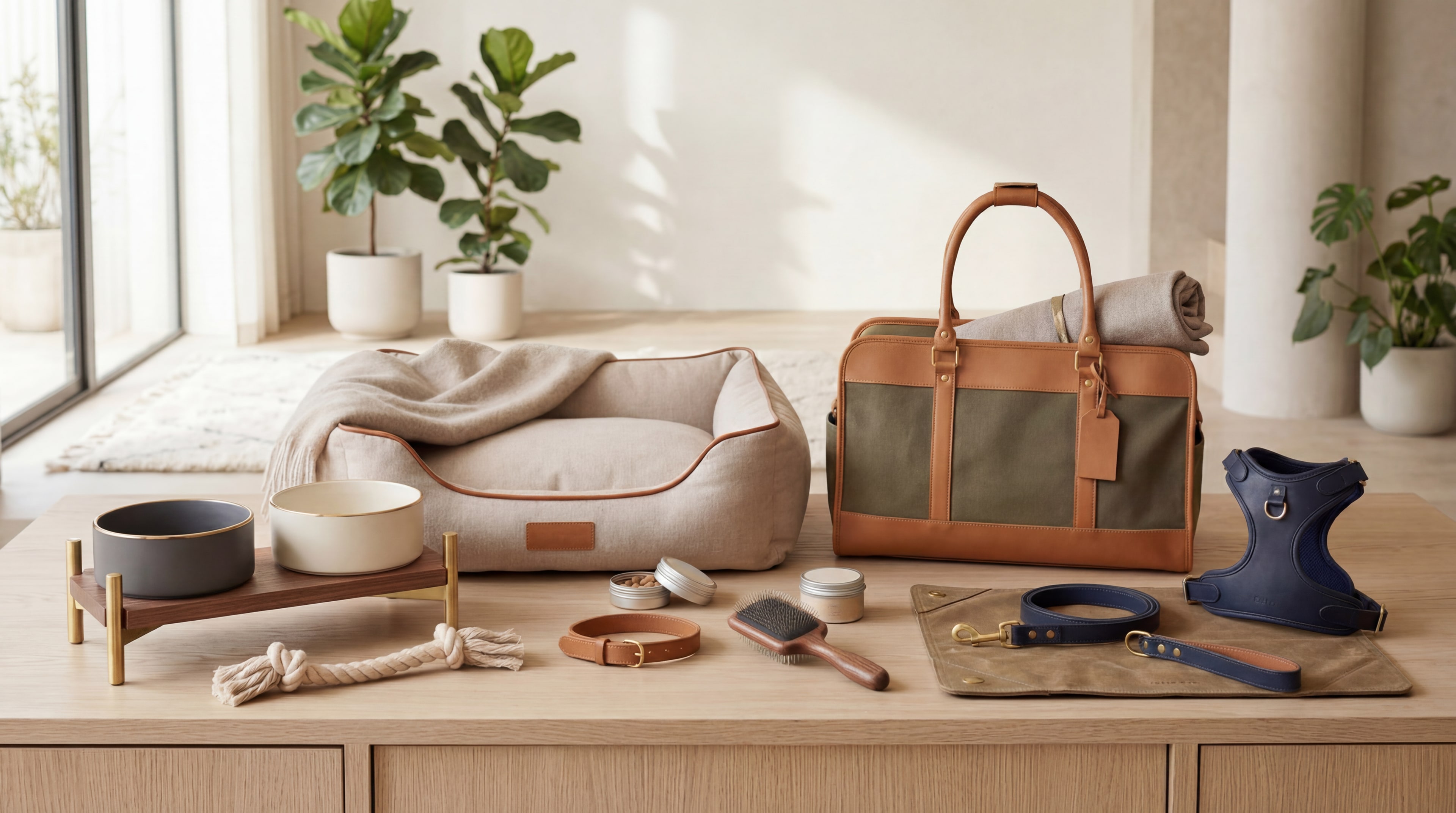 Premium huisdieraccessoires uitgestald: hondenmand, reistas, tuigje, bakken, halsband en riem op een houten ondergrond