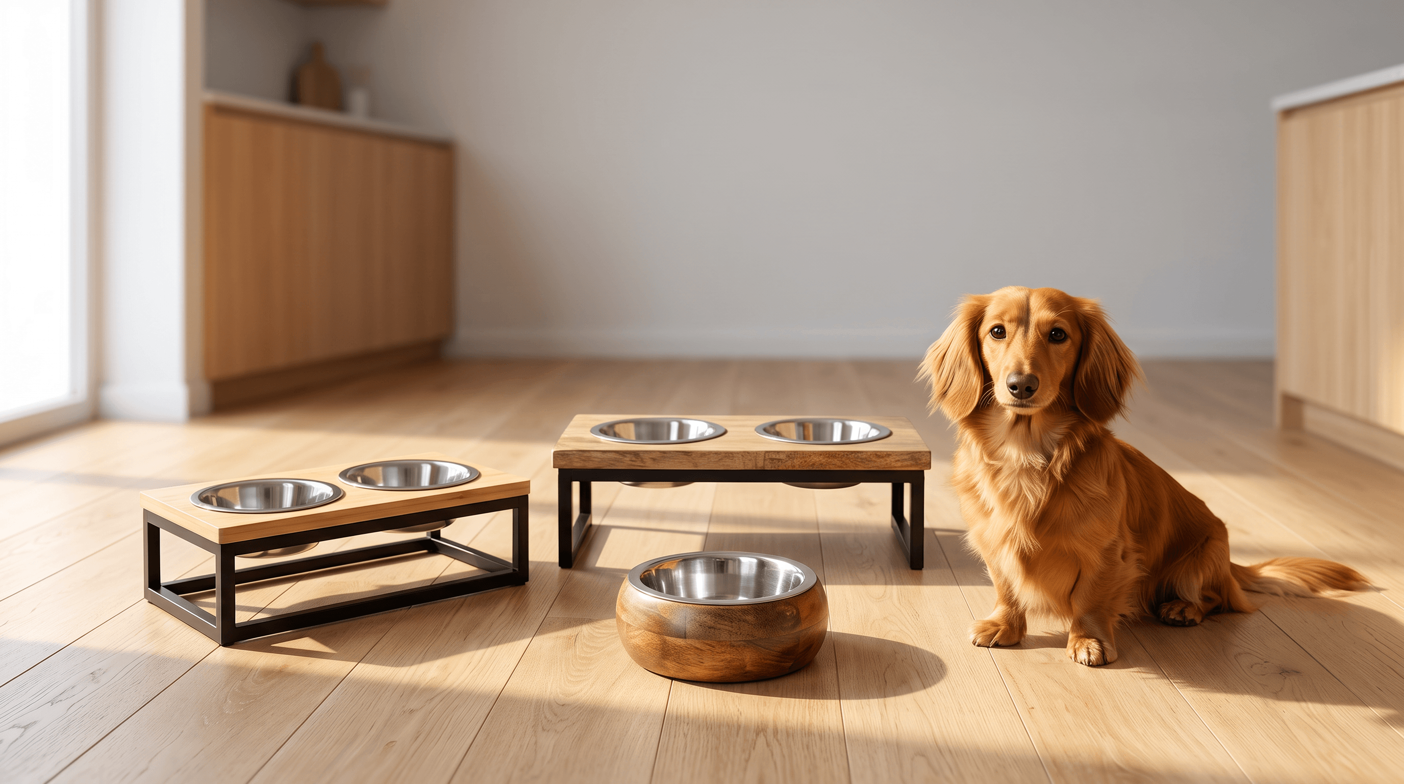 Hond naast houten voerbakken met roestvrijstalen inzet