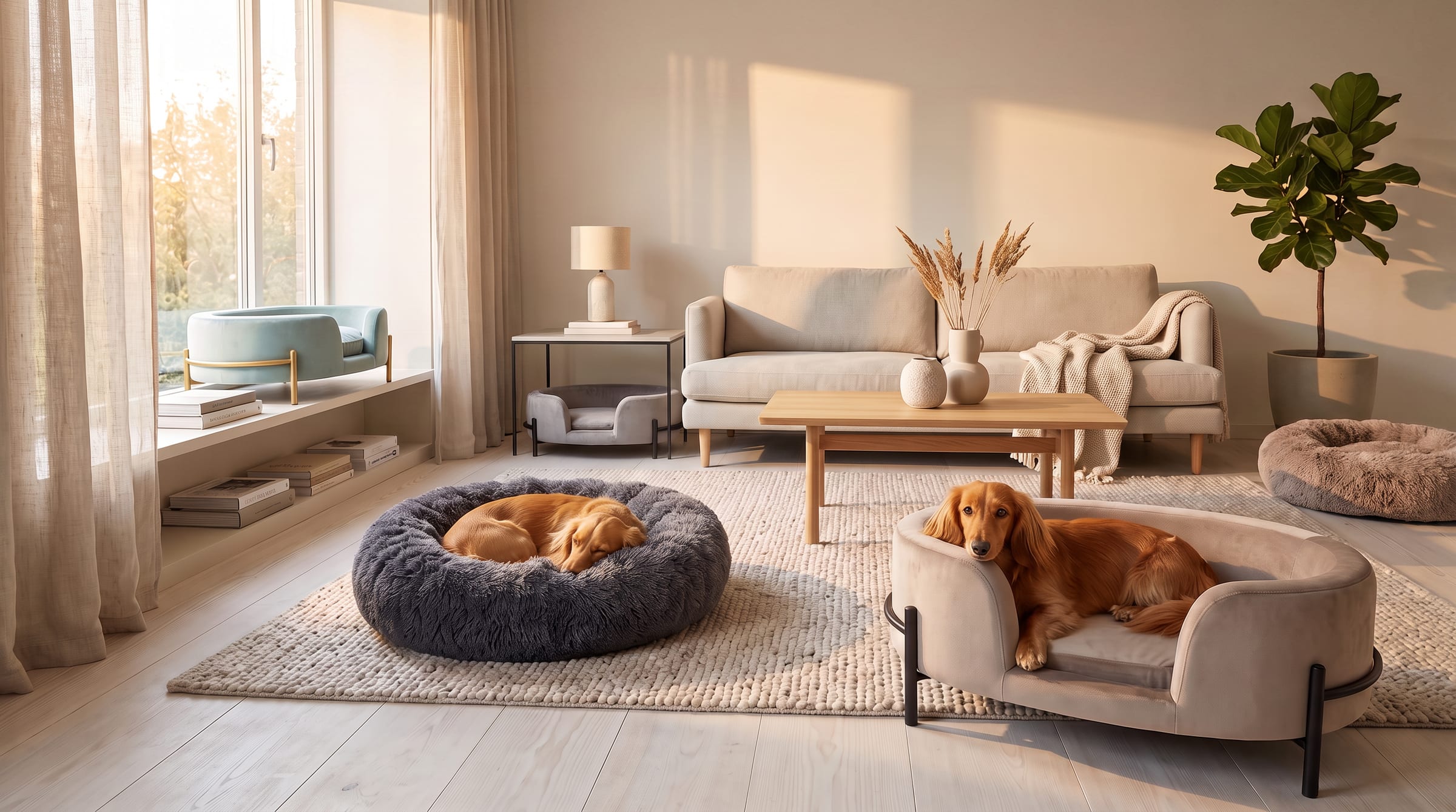 Honden rustend in pluche donut- en loungemanden in een woonkamer