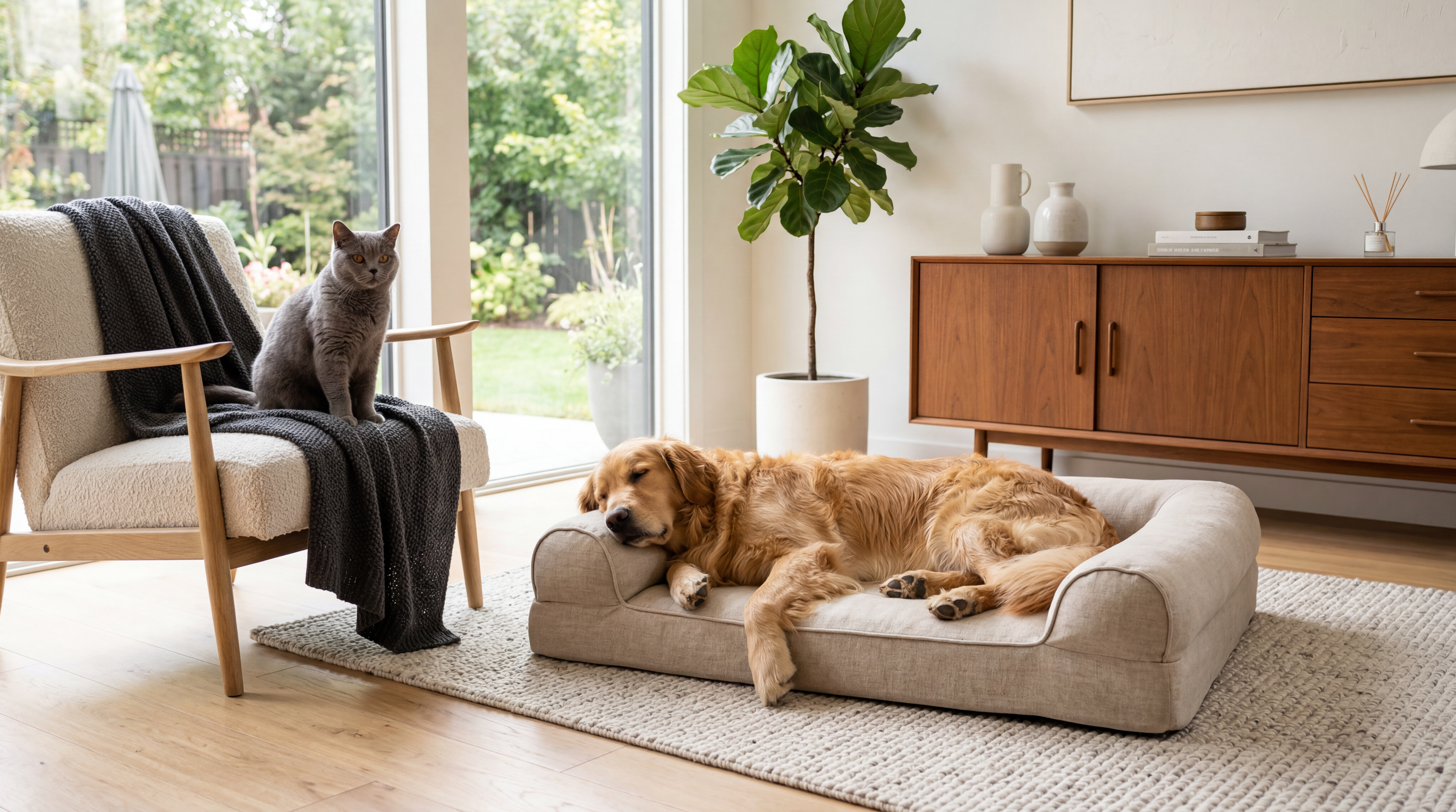 Golden retriever rustend op een premium crème loungebed, grijze kat op een fauteuil. Warm modern interieur