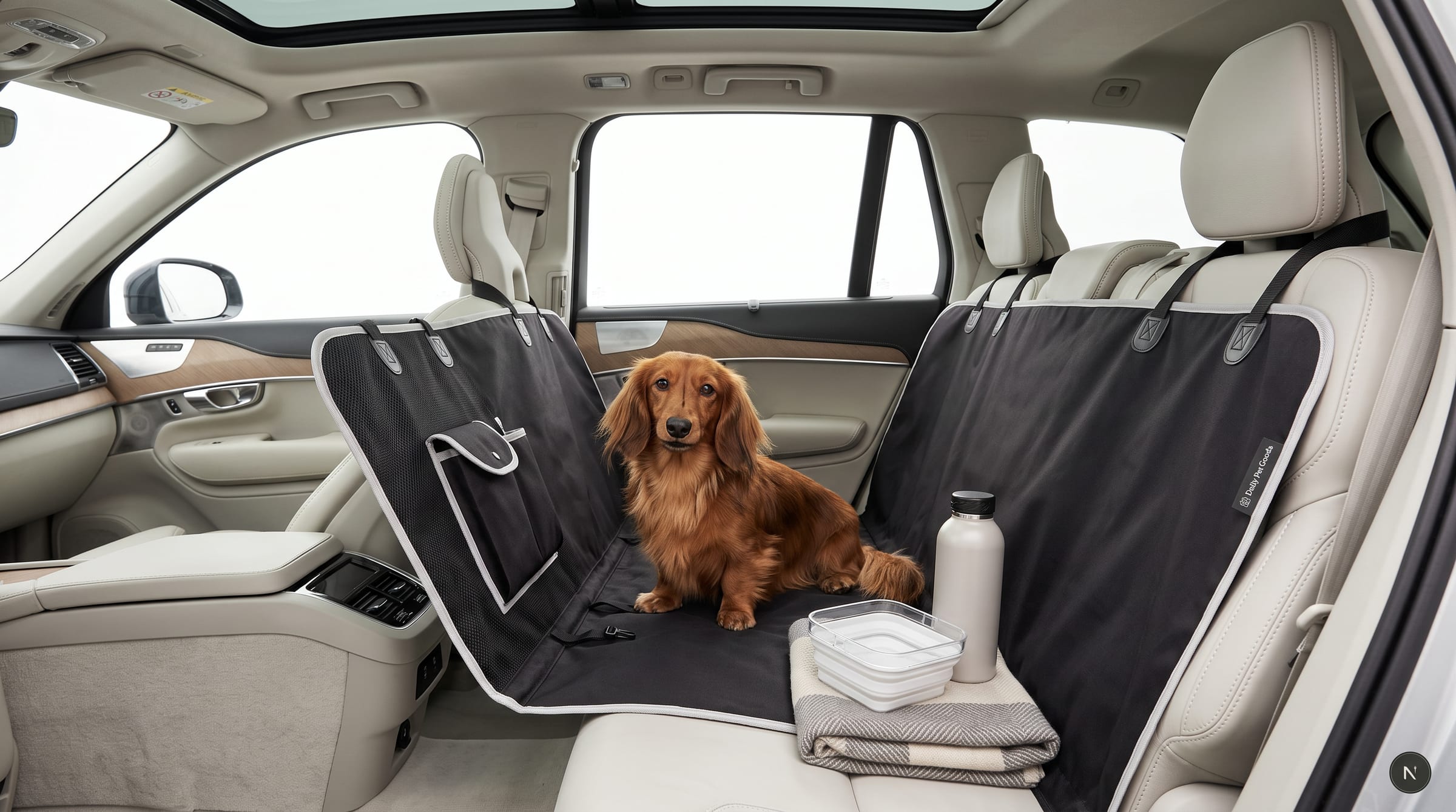 Hond op een waterdichte achterbankbeschermer in de auto