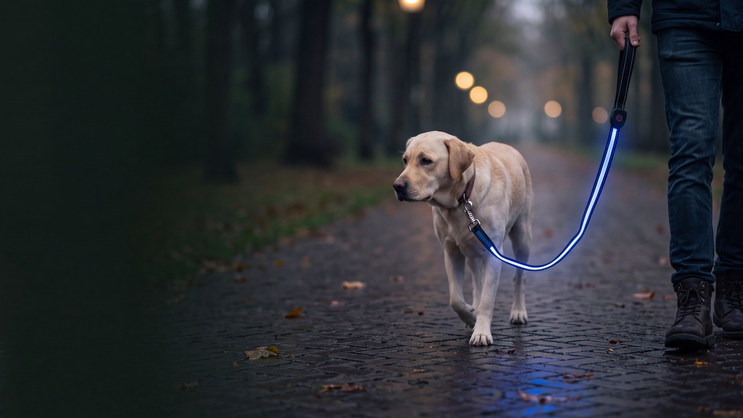 Labrador loopt aan een blauw oplichtende LED-riem over een natte laan in de schemering