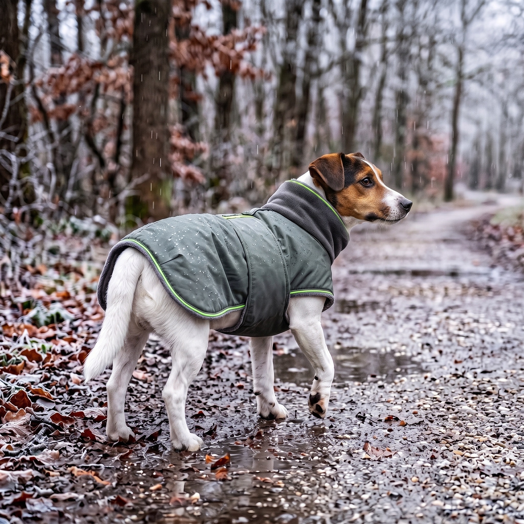 Jack Russell met groene hondenjas tijdens een winterse wandeling