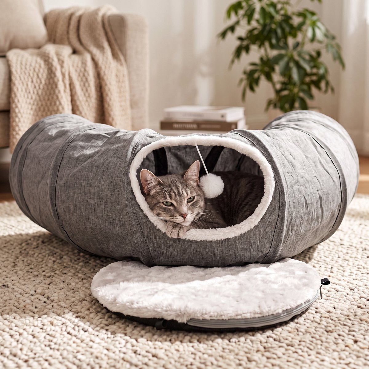 Kat ligt in een grijze kattentunnel met kussen in de woonkamer